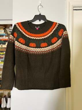 Vince Camuto Women's Halloween Pumpkin Fair Isle Knit Crewneck Sweater